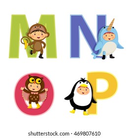English alphabet with kids in animal costume, M to P letters