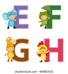 English Alphabet With Kids In Animal Costume, E To H Letters