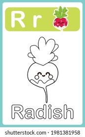 English alphabet. For kids education. Learning letters. Color vector illustration. Letter R is for radish . ABC game for kids. Alphabet coloring page. Cartoon character. 