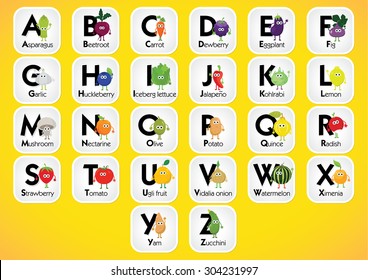 English alphabet for kids with fruits and vegetables. Back to school. Learning English food alphabet. Wall chart for kids language learning. ABC cards for toddlers. Cute fruit & vegetable characters