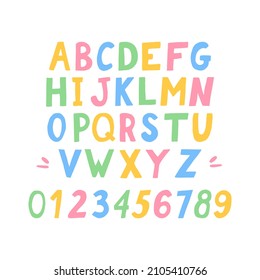 english alphabet for kids. hand drawn letters and numbers