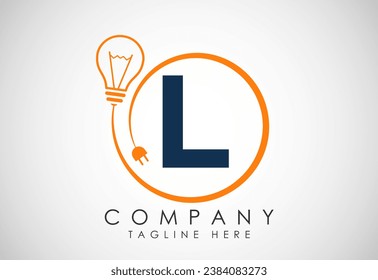 English alphabet L in a circle with electric bulb and plug. Electricity, industrial and technology logo