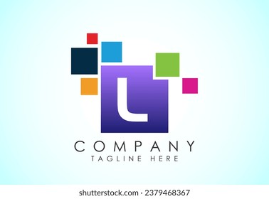 English alphabet L with data pixel. Creative technological modern data pixel logo