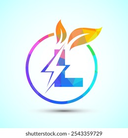 English alphabet L with thunderbolt and leaf. Eco energy saver icon, Nature power electric logo
