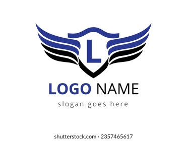 English alphabet L with wings logo design. Transportation Logo Letter and Wings Concept