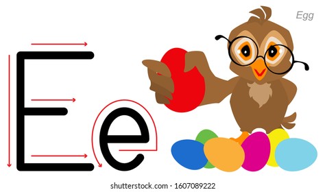 English alphabet language abc. Owl bird holds an egg. Isolated on white vector cartoon illustration