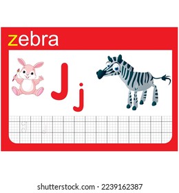 English alphabet learning cards, letter j, Handwriting practice. Printable for kids with tracing lines and connect the points.