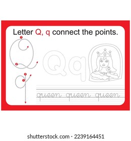 English alphabet learning cards, letter Q, Handwriting practice. Printable for kids with tracing lines and connect the points.