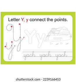 English alphabet learning cards, letter Y, Handwriting practice. Printable for kids with tracing lines and connect the points.