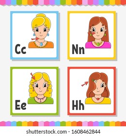 English alphabet. Letter C, N, E, H. ABC square flash cards. Cartoon character isolated on white background. For kids education. Developing worksheet. Learning letters. Color vector illustration.