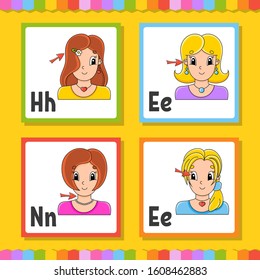 English alphabet. Letter H, E, N. ABC square flash cards. Cartoon character isolated on white background. For kids education. Developing worksheet. Learning letters. Color vector illustration.