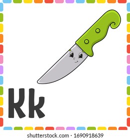 English alphabet. Letter K - knife. ABC square flash cards. Cartoon character isolated on white background. For kids education. Developing worksheet. Learning letters. Color vector illustration.