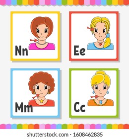 English alphabet. Letter N, E, M, C. ABC square flash cards. Cartoon character isolated on white background. For kids education. Developing worksheet. Learning letters. Color vector illustration.