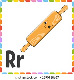 English alphabet. Letter R - rolling pin. ABC square flash cards. Cartoon character isolated on white background. For kids education. Developing worksheet. Learning letters. Color vector illustration.