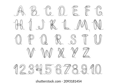 Alfabetización inglesa y números árabes. Un conjunto de letras y números decorativos dibujados en una línea continua. Ilustración vectorial aislada en fondo blanco.