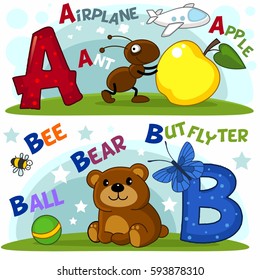 English alphabet with letters a and b and pictures to them