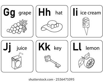 English alphabet. Letters for children with pictures. Developmental page for schoolchildren and preschoolers