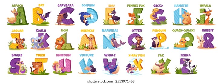 Letras alfabéticas em inglês com animais bonitos. Alfabeto vetorial ABC para crianças bonitas com animais pequenos. Impressão para crianças, educação, casa ou jardim de infância, tecido, papel, cartão, camiseta, cartaz, têxtil