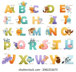 English Alphabet Letters With Cute Baby Animals. Children Education, Home Or Kindergarten Decor Cartoon Vector Illustration