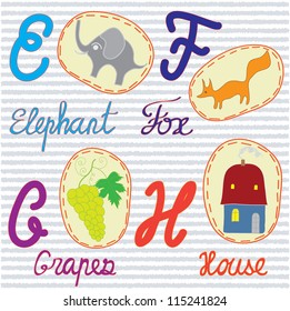 English alphabet letters E,F,G,H with applique pictures and words on striped blue background