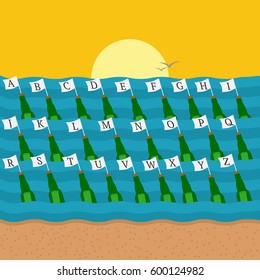 English alphabet letters with flags and bottles in the sea. Vector clipart.
