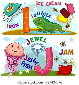 English alphabet with letters i and j and pictures to them