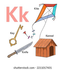 English alphabet, The letters K. Preschool and school education concept