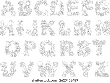 English alphabet with letters made from funny toys and cute baby animals, for preschool education, a set of black and white vector cartoon illustrations for a coloring book