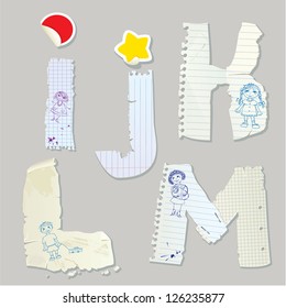 English alphabet - letters are made of old paper - letters I, J, K, L, M