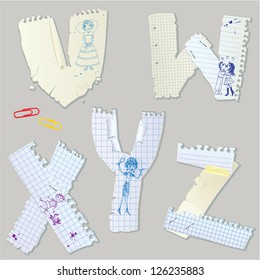 English alphabet - letters are made of old paper - letters V, W, X, Y, Z