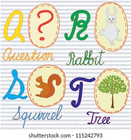 English alphabet letters Q,R,S,T with applique pictures and words on striped blue background