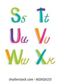 English alphabet letters S, T, U, V, W, X image. colorful stylized font and alphabet. Rainbow colored letters on a white background. ABC Education. calligraphy green, pink, purple, turquoise EPS10
