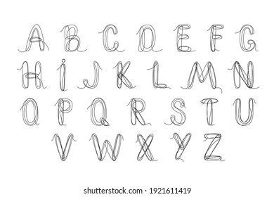 English Alphabet Letters. A set of decorative letters drawn with one continuous line. Vectran illustration isolated on white background.