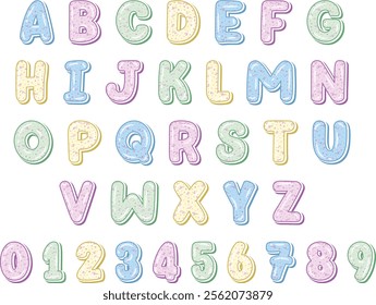 English alphabet letters set with numbers in cute pastel coloring