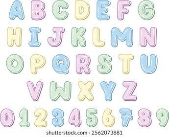 English alphabet letters set with numbers in cute pastel coloring