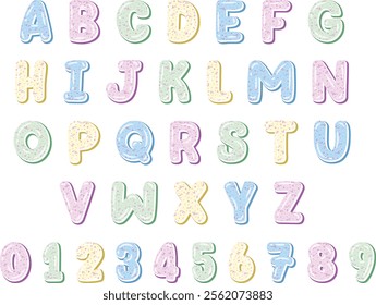 English alphabet letters set with numbers in cute pastel coloring