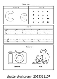 English alphabet letters tracing line printable worksheet with cute picture for coloring. Basic writing practice for preschool and kindergarten kids. Letter C vocabulary for camera and cat.