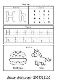 English alphabet letters tracing line printable worksheet with cute picture for coloring. Basic writing practice for preschool and kindergarten kids. Letter H vocabulary for hamburger and horse.