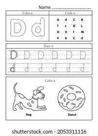 English alphabet letters tracing line printable worksheet with cute picture for coloring. Basic writing practice for preschool and kindergarten kids. Letter D vocabulary for dog and donut.