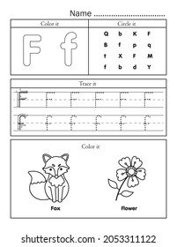 English alphabet letters tracing line printable worksheet with cute picture for coloring. Basic writing practice for preschool and kindergarten kids. LetterF vocabulary for fox and flower.