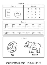 English alphabet letters tracing line printable worksheet with cute picture for coloring. Basic writing practice for preschool and kindergarten kids. Letter E vocabulary for egg and elephant.