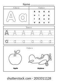 English alphabet letters tracing line printable worksheet with cute picture for coloring. Basic writing practice for preschool and kindergarten kids. Letter A vocabulary for apple and airplane.