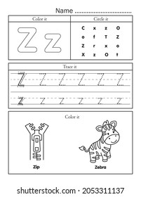 English alphabet letters tracing line printable worksheet with cute picture for coloring. Basic writing practice for preschool and kindergarten kids. Letter Z vocabulary for zip and zebra.