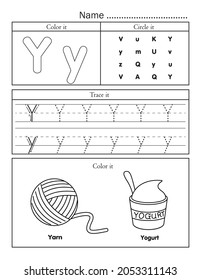 English alphabet letters tracing line printable worksheet with cute picture for coloring. Basic writing practice for preschool and kindergarten kids. Letter Y vocabulary for yarn and yogurt.