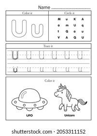 English alphabet letters tracing line printable worksheet with cute picture for coloring. Basic writing practice for preschool and kindergarten kids. Letter U vocabulary for UFO and unicorn.