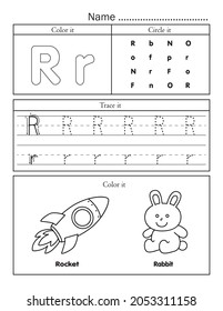 English alphabet letters tracing line printable worksheet with cute picture for coloring. Basic writing practice for preschool and kindergarten kids. Letter R vocabulary for rocket and rabbit.