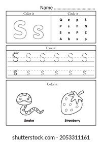 English alphabet letters tracing line printable worksheet with cute picture for coloring. Basic writing practice for preschool and kindergarten kids. Letter S vocabulary for snake and strawberry.