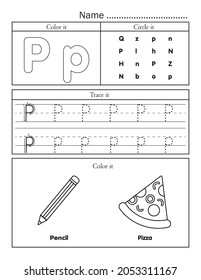 English alphabet letters tracing line printable worksheet with cute picture for coloring. Basic writing practice for preschool and kindergarten kids. Letter P vocabulary for pencil and pizza.