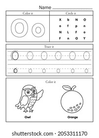 English alphabet letters tracing line printable worksheet with cute picture for coloring. Basic writing practice for preschool and kindergarten kids. Letter O vocabulary for owl and orange.