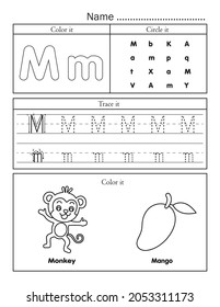 English alphabet letters tracing line printable worksheet with cute picture for coloring. Basic writing practice for preschool and kindergarten kids. Letter M vocabulary for monkey and mango.